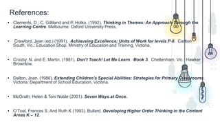 References:
• Clements, D.; C. Gilliland and P. Holko. (1992). Thinking in Themes: An Approach Through the
Learning Centre. Melbourne: Oxford University Press.
• Crawford, Jean (ed.) (1991). Achieveing Excellence: Units of Work for levels P-8. Carlton
South, Vic.: Education Shop, Ministry of Education and Training, Victoria.
• Crosby, N. and E. Martin. (1981). Don’t Teach! Let Me Learn. Book 3. Cheltenham, Vic.: Hawker
Brownlow.
• Dalton, Joan. (1986). Extending Children’s Special Abilities: Strategies for Primary Classrooms.
Victoria: Department of School Education, Victoria.
• McGrath, Helen & Toni Noble (2001). Seven Ways at Once.
• O’Tuel, Frances S. And Ruth K (1993). Bullard. Developing Higher Order Thinking in the Content
Areas K – 12.
 