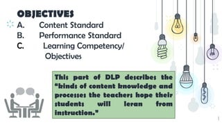 8
OBJECTIVES
A. Content Standard
B. Performance Standard
C. Learning Competency/
Objectives
This part of DLP describes the
“kinds of content knowledge and
processes the teachers hope their
students will leran from
instruction.”
 