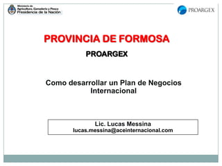 PROVINCIA DE FORMOSA
PROARGEX
Como desarrollar un Plan de Negocios
Internacional
Lic. Lucas Messina
lucas.messina@aceinternacional.com
 