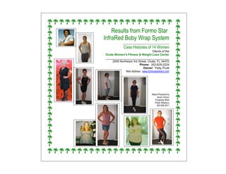 Results from Formo Star
InfraRed Boby Wrap System
             ___________________________________
             Case Histories of 14 Women
                                  Clients of the
Ocala Women's Fitness & Weight Loss Center
_______________________________________
    2509 Northeast 3rd Street, Ocala, FL 34470
                        Phone: 352-629-2224
                           Owner: Patty Pruitt
             Web Address: www.formostardirect.com




                                   Report Prepared by
                                        Susan Vinson
                                      Prosperity West
                                      Public Relations
                                       805-648-2911
 
