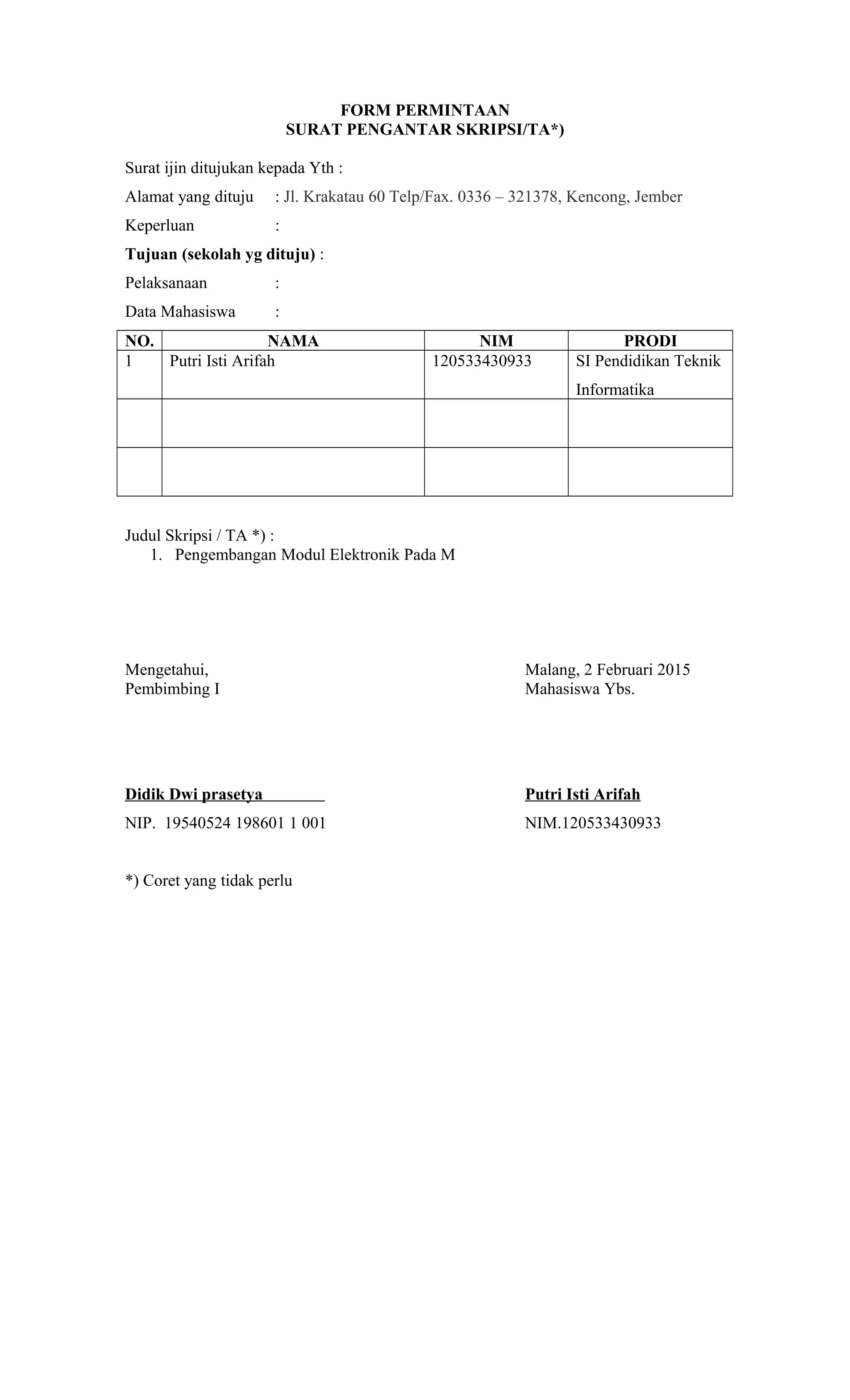 Form pengajuan pembimbing skripsi | DOC