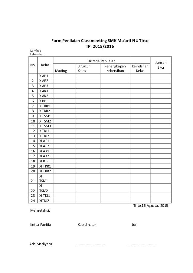 Form penilaian classmeeting smk ma