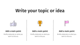Write your topic or idea
Add a main point
Briefly elaborate on what you
want to discuss.
Add a main point
Briefly elaborate on what you
want to discuss.
Add a main point
Briefly elaborate on what you
want to discuss.
 