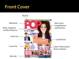 Masthead
Barcode
Colour Theme (pink,
white and blue)
Date, magazine
number and price
Main cover
image/feature
article photo
Cover line
Cover line
Skyline
Lead Article