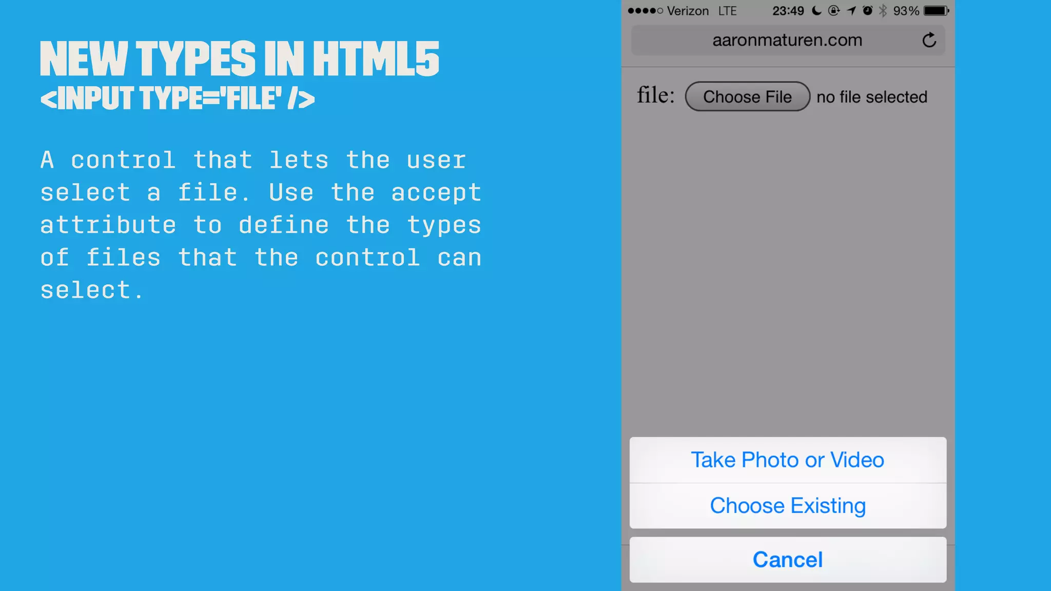 Newtypes in HTML5
<inputtype='search' />
A single-line text ﬁeld for
entering search strings;
line-breaks are automatically
removed from the input value.
 