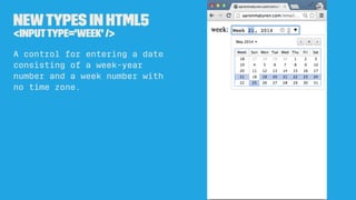 Newtypes in HTML5
<inputtype='tel' />
A control for entering a
telephone number; line-breaks
are automatically removed
from the input value, but no
other syntax is enforced.
 