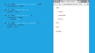 .nav>li>input[type="radio"]:checked ~ label {
font-weight: bolder;
}
.nav>li>input[type="radio"]{
display: none;
}
.nav>li>input[type="radio"] ~ ul {
visibility: hidden;
height: 0;
}
.nav>li>input[type="radio"]:checked ~ ul{
visibility: visible;
height: auto
}
 