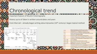 Chronological trend
Important feature of Muslim historiography
History up to al-Tabari is written around dates and years
From Mas’udi – already began writing about dynasties (10th century)- began topical method
 