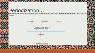 Periodization ..
Islamic
ARABIAN PERSIAN JUDAIC
MUHAMMAD SAW
------------------------------------------------------------------
MUSLIM
ISLAMIC WORLD
 