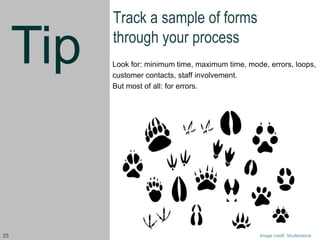 Tip
Track a sample of forms
through your process
Look for: minimum time, maximum time, mode, errors, loops,
customer contacts, staff involvement.
But most of all: for errors.
Image credit: Shutterstock25
 