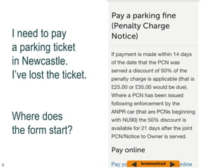 6
I need to pay
a parking ticket
in Newcastle.
I’ve lost the ticket.
Where does
the form start?
 