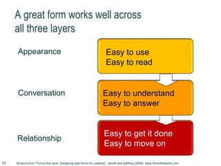 A great form works well across
all three layers
Appearance
Conversation
Relationship
Easy to get it done
Easy to move on
Goals achievedEasy to understand
Easy to answer
Goals achievedEasy to use
Easy to read
Schema from “Forms that work: Designing web forms for usability”, Jarrett and Gaffney (2008) www.formsthatwork.com43
 