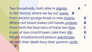 Two households, both alike in dignity, A
In fair Verona, where we lay our scene, B
From ancient grudge break to new mutiny, A
Where civil blood makes civil hands unclean. B
From forth the fatal loins of these two foes C
A pair of star-cross’d lovers take their life; D
Whose misadventured piteous overthrows C
Do with their death bury their parents’ strife.
D
15
 