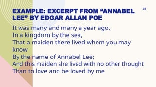 EXAMPLE: EXCERPT FROM “ANNABEL
LEE” BY EDGAR ALLAN POE
It was many and many a year ago,
In a kingdom by the sea,
That a maiden there lived whom you may
know
By the name of Annabel Lee;
And this maiden she lived with no other thought
Than to love and be loved by me
35
 