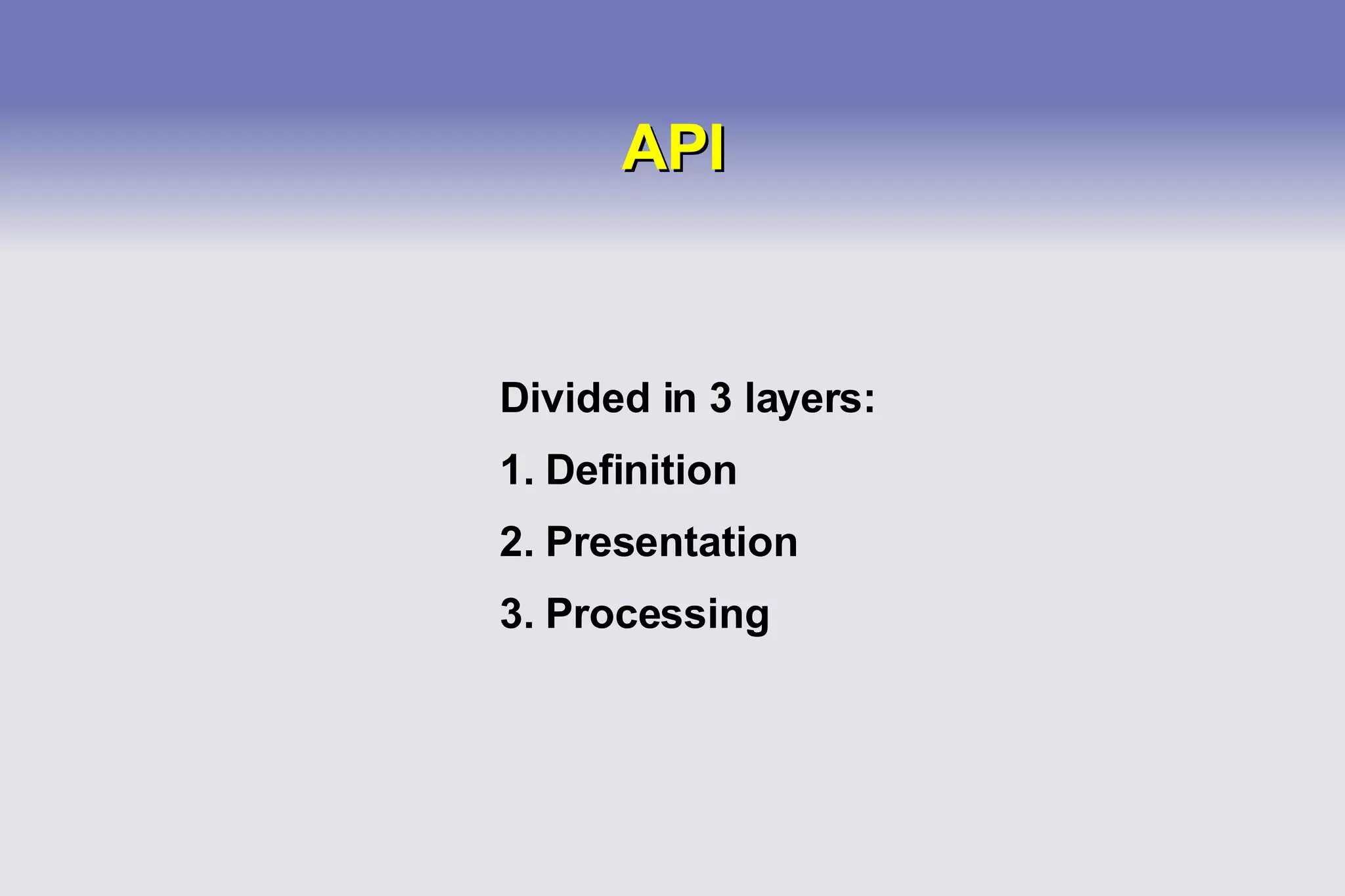 API Divided in 3 layers: Definition Presentation Processing 