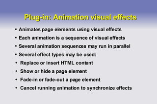 Plug-in: Animation visual effects Animates page elements using visual effects Each animation is a sequence of visual effects Several animation sequences may run in parallel Several effect types may be used: Replace or insert HTML content Show or hide a page element Fade-in or fade-out a page element Cancel running animation to synchronize effects 