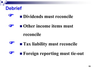 Debrief<br />15<br /><br />Dividends must reconcile<br />Other income items must reconcile<br />Tax liability must reconc...