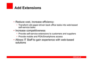 Add Extensions


• Reduce cost, increase efficiency:
  • Transform old paper-driven back office tasks into web-based
    self-service tasks
• Increase competitiveness
  • Provide self-service extensions to customers and suppliers
  • Provide mobile and PDA/Smartphone access
• Allows IT Staff to gain experience with web-based
  solutions
 