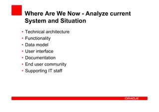 Where Are We Now - Analyze current
    System and Situation
•   Technical architecture
•   Functionality
•   Data model
•   User interface
•   Documentation
•   End user community
•   Supporting IT staff
 