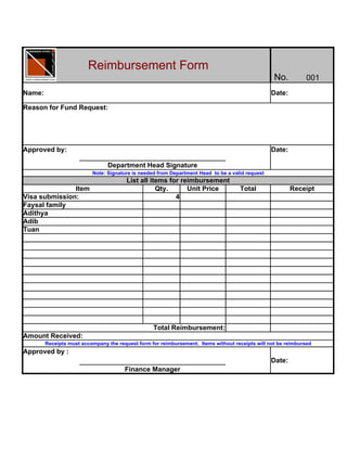 Reimbursement Form
                                                                                                  No.          001
Name:                                                                                            Date:

Reason for Fund Request:




Approved by:                                                                                     Date:

                                Department Head Signature
                          Note: Signature is needed from Department Head to be a valid request
                                        List all items for reimbursement
               Item                                Qty.      Unit Price             Total                Receipt
Visa submission:                                         4
Faysal family
Adithya
Adib
Tuan




                                                  Total Reimbursement:
Amount Received:
        Receipts must accompany the request form for reimbursement. Items without receipts will not be reimbursed
Approved by :
                                                                                                 Date:
                                       Finance Manager
 