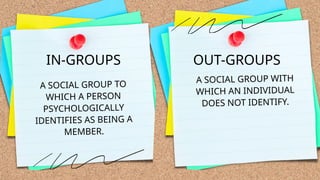IN-GROUPS
A SOCIAL GROUP TO
WHICH A PERSON
PSYCHOLOGICALLY
IDENTIFIES AS BEING A
MEMBER.
OUT-GROUPS
A SOCIAL GROUP WITH
WHICH AN INDIVIDUAL
DOES NOT IDENTIFY.
 