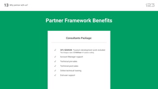 13 Why partner with us?
Partner Framework Benefits
Consultants Package:
✓ 20% MARGIN *custom development work included
*we charge a rate of $100/hour of custom coding
✓ Account Manager support
✓ Technical pre-sales
✓ Technical post-sales
✓ Online technical training
✓ End-user support
 