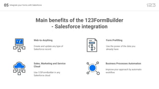 05 Integrate your forms with Salesforce
Main benefits of the 123FormBuilder
- Salesforce integration
Web-to-Anything
Create and update any type of
Salesforce record
Sales, Marketing and Service
Cloud
Use 123FormBuilder in any
Salesforce cloud
Form Prefilling
Use the power of the data you
already have
Business Processes Automation
Improve your approach by automatic
workflow
 