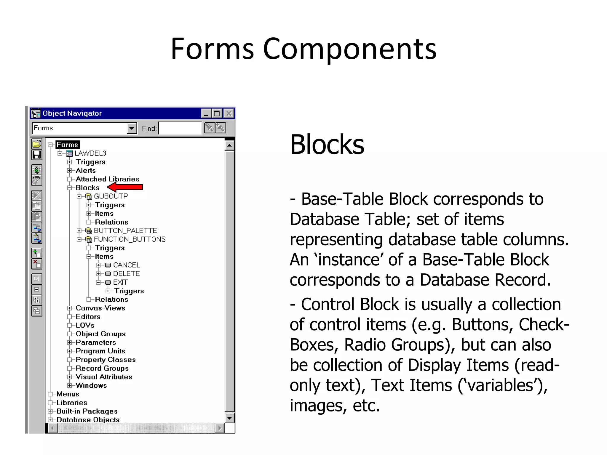 Forms Components Blocks - Base-Table Block corresponds to Database Table; set of items representing database table columns. An ‘instance’ of a Base-Table Block corresponds to a Database Record. - Control Block is usually a collection of control items (e.g. Buttons, Check-Boxes, Radio Groups), but can also be collection of Display Items (read-only text), Text Items (‘variables’), images, etc. 