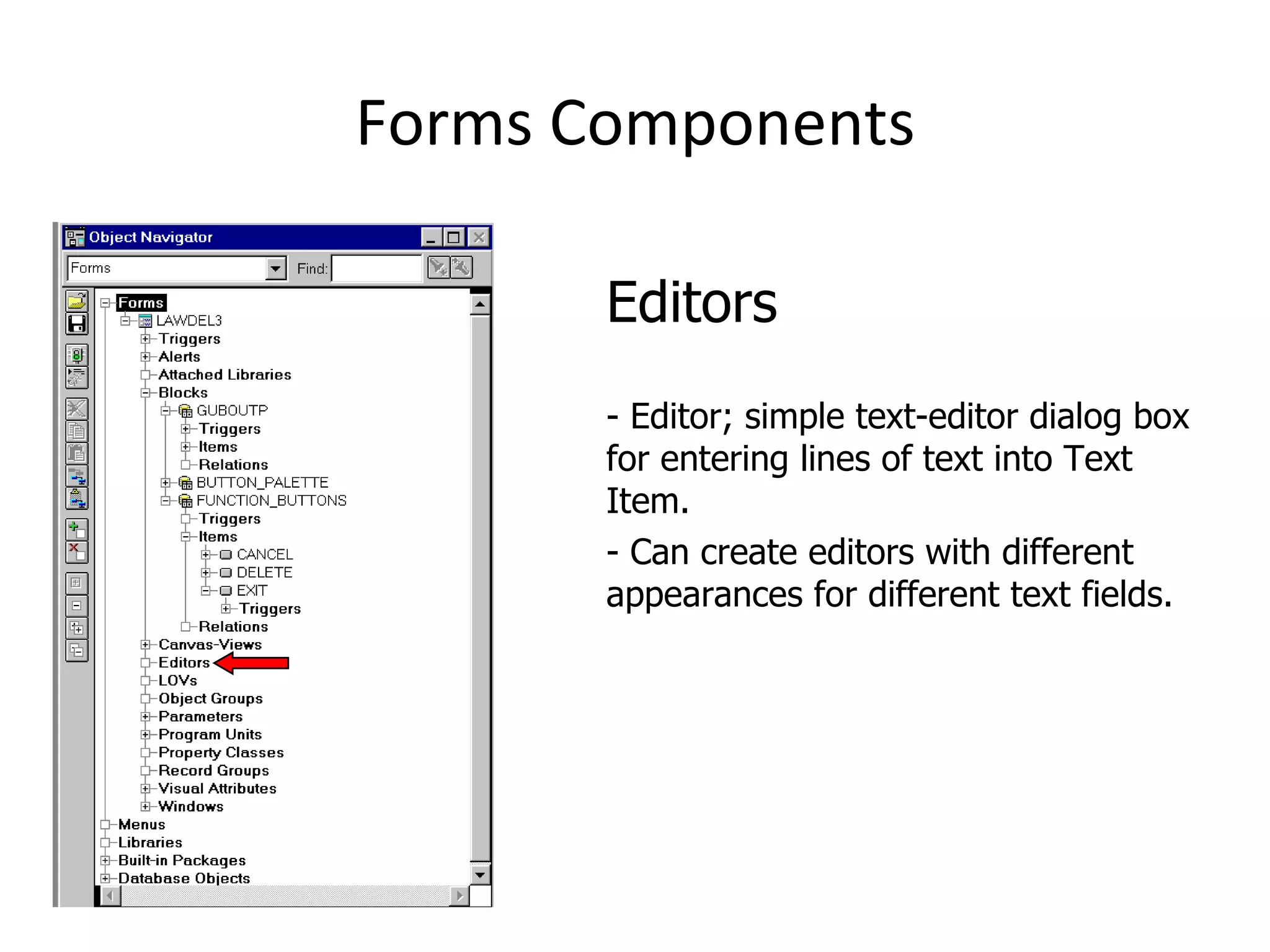 Forms Components Editors - Editor; simple text-editor dialog box for entering lines of text into Text Item. - Can create editors with different appearances for different text fields. 