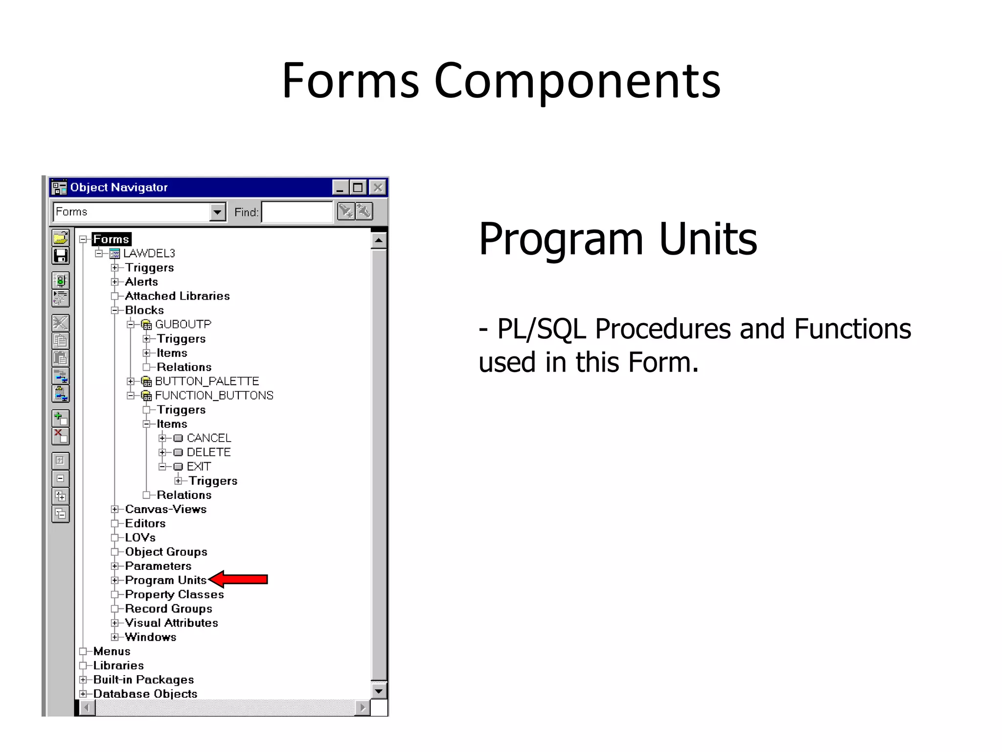 Forms Components Program Units - PL/SQL Procedures and Functions used in this Form. 