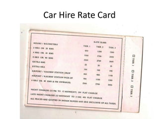 Car Hire Rate Card
 