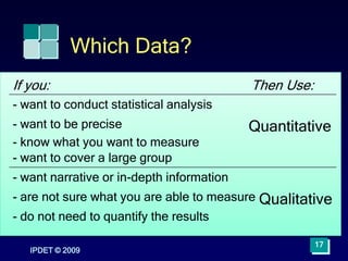 IPDET © 2009
17
Which Data?
- do not need to quantify the results
- are not sure what you are able to measure Qualitative
- want narrative or in-depth information
- want to cover a large group
- want to be precise
- know what you want to measure
Quantitative
- want to conduct statistical analysis
Then Use:
If you:
 