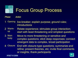 IPDET © 2009
46
Focus Group Process
Phase Action
1 Opening Ice-breaker; explain purpose; ground rules;
introductions
2 Warm-
up
Relate experience; stimulate group interaction;
start with least threatening and simplest questions
3 Main
body
Move to more threatening or sensitive and
complex questions; elicit deep responses; connect
emergent data to complex, broad participation
4 Closure End with closure-type questions; summarize and
refine; present theories, etc; invite final comments
or insights; thank participants
 