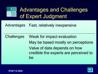 IPDET © 2009
54
Advantages and Challenges
of Expert Judgment
Advantages Fast, relatively inexpensive
Challenges Weak for impact evaluation
May be based mostly on perceptions
Value of data depends on how
credible the experts are perceived to
be
 