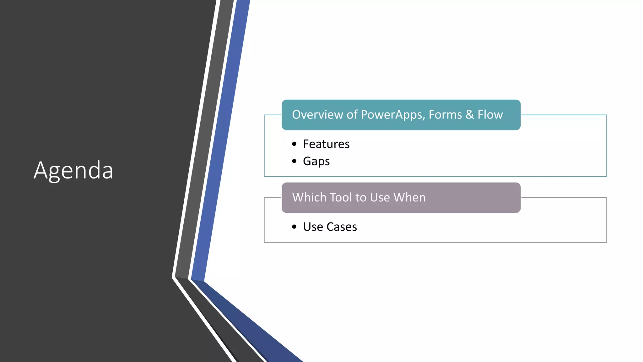 Agenda
• Features
• Gaps
Overview of PowerApps, Forms & Flow
• Use Cases
Which Tool to Use When
 