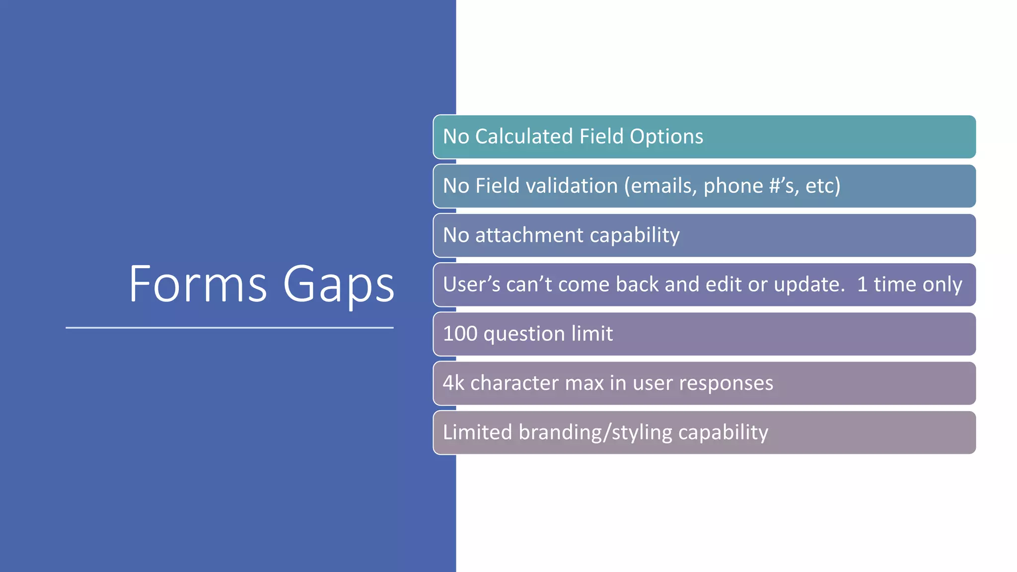 Forms Gaps
No Calculated Field Options
No Field validation (emails, phone #’s, etc)
No attachment capability
User’s can’t come back and edit or update. 1 time only
100 question limit
4k character max in user responses
Limited branding/styling capability
 