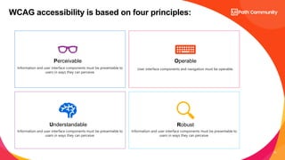 13
WCAG accessibility is based on four principles:
Perceivable Operable
Understandable Robust
Information and user interface components must be presentable to
users in ways they can perceive.
User interface components and navigation must be operable.
Information and user interface components must be presentable to
users in ways they can perceive.
Information and user interface components must be presentable to
users in ways they can perceive.
 