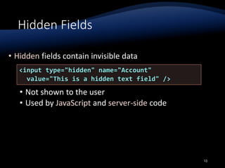 Hidden Fields
• Hidden fields contain invisible data
• Not shown to the user
• Used by JavaScript and server-side code
13
<input type="hidden" name="Account"
value="This is a hidden text field" />
 