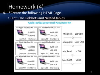 Homework (4)
4. *Create the following HTML Page
• Hint: Use Fieldsets and Nested tables
33
 