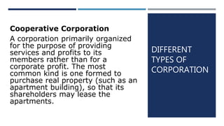 DIFFERENT
TYPES OF
CORPORATION
Cooperative Corporation
A corporation primarily organized
for the purpose of providing
services and profits to its
members rather than for a
corporate profit. The most
common kind is one formed to
purchase real property (such as an
apartment building), so that its
shareholders may lease the
apartments.
 