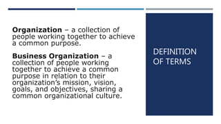 DEFINITION
OF TERMS
Organization – a collection of
people working together to achieve
a common purpose.
Business Organization – a
collection of people working
together to achieve a common
purpose in relation to their
organization’s mission, vision,
goals, and objectives, sharing a
common organizational culture.
 
