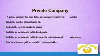 A private company has been define as a company which by its articles
Limits the number of members to 50.
Restricts the right to transfer its shares.
Prohibits an invitation to public for deposits.
Prohibits an invitation to public to subscribe to its shares and debentures.
Puts the minimum paid up capital to rupees one lakhs.
 