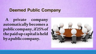 A private company
automatically becomes a
publiccompany,if25%of
thepaidupcapitalisheld
byapubliccompany.
 