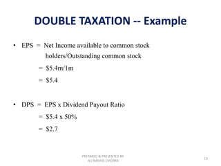 PREPARED & PRESENTED BY:
ALI RASHID CHEEMA
13
DOUBLE TAXATION -- Example
• EPS = Net Income available to common stock
hold...
