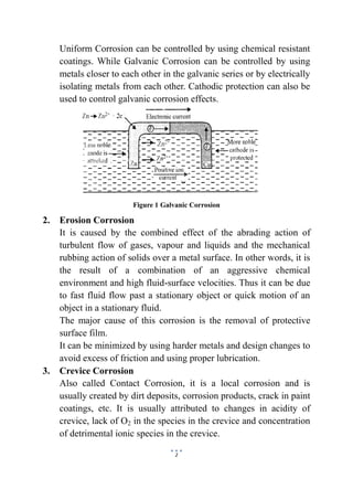 2
Uniform Corrosion can be controlled by using chemical resistant
coatings. While Galvanic Corrosion can be controlled by using
metals closer to each other in the galvanic series or by electrically
isolating metals from each other. Cathodic protection can also be
used to control galvanic corrosion effects.
Figure 1 Galvanic Corrosion
2. Erosion Corrosion
It is caused by the combined effect of the abrading action of
turbulent flow of gases, vapour and liquids and the mechanical
rubbing action of solids over a metal surface. In other words, it is
the result of a combination of an aggressive chemical
environment and high fluid-surface velocities. Thus it can be due
to fast fluid flow past a stationary object or quick motion of an
object in a stationary fluid.
The major cause of this corrosion is the removal of protective
surface film.
It can be minimized by using harder metals and design changes to
avoid excess of friction and using proper lubrication.
3. Crevice Corrosion
Also called Contact Corrosion, it is a local corrosion and is
usually created by dirt deposits, corrosion products, crack in paint
coatings, etc. It is usually attributed to changes in acidity of
crevice, lack of O2 in the species in the crevice and concentration
of detrimental ionic species in the crevice.
 