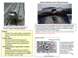 Fig. Corrosion Pits are the primary source
of leaks in water handling systems
Sewer Explosion due to Pitting Corrosion
An example of corrosion damages with shared responsibilities was
the sewer explosion that killed 215 people in Guadalajara, Mexico,
in April 1992. Besides the fatalities, the series of blasts damaged
1,600 buildings and injured 1,500 people.
This example of a pitted
surface was produced
by exposing a specimen
of aluminum A92519
to 3.5% NaCl during
seven days. The width
of the picture is
approximately 1 mm. 
Pitting:
corrosion of a metal surface, confined to a
point or small area, that takes the form of
cavities.
 Pitting factor:
ratio of the depth of the deepest pit
resulting from corrosion divided by the
average penetration as calculated from
weight loss.
 Pitting resistance equivalent number
(PREN):
an empirical relationship to predict the
pitting resistance of austenitic and duplex
stainless steels. It is expressed as PREN =
Cr + 3.3 (Mo + 0.5 W) + 16N
*Sewer: an artificial conduit, usually underground, for carrying off waste
water and refuse, as in a town or city.
15
 