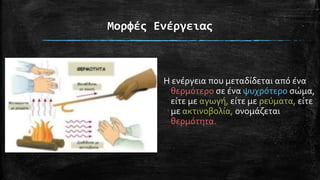 Μορφές Ενέργειας
Η ενέργεια που μεταδίδεται από ένα
θερμότερο σε ένα ψυχρότερο σώμα,
είτε με αγωγή, είτε με ρεύματα, είτε
με ακτινοβολία, ονομάζεται
θερμότητα.
 