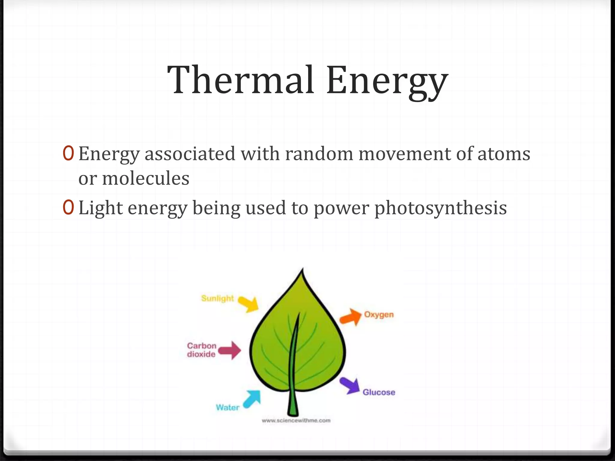 Thermal Energy
0 Energy associated with random movement of atoms
or molecules
0 Light energy being used to power photosynthesis