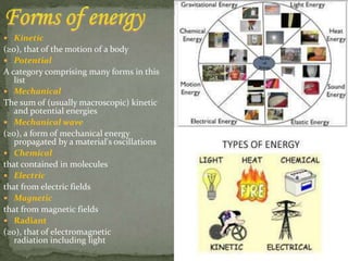  Kinetic 
(≥0), that of the motion of a body 
 Potential 
A category comprising many forms in this 
list 
 Mechanical 
The sum of (usually macroscopic) kinetic 
and potential energies 
 Mechanical wave 
(≥0), a form of mechanical energy 
propagated by a material's oscillations 
 Chemical 
that contained in molecules 
 Electric 
that from electric fields 
 Magnetic 
that from magnetic fields 
 Radiant 
(≥0), that of electromagnetic 
radiation including light 
 