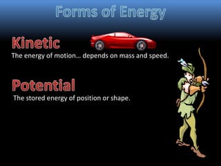 The energy of motion… depends on mass and speed.
The stored energy of position or shape.